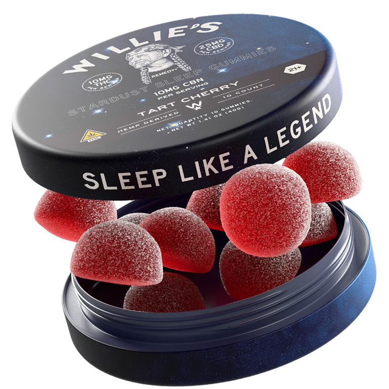 CBD gummies vs THC gummies: close-up of an open tin of Willie's THC gummies