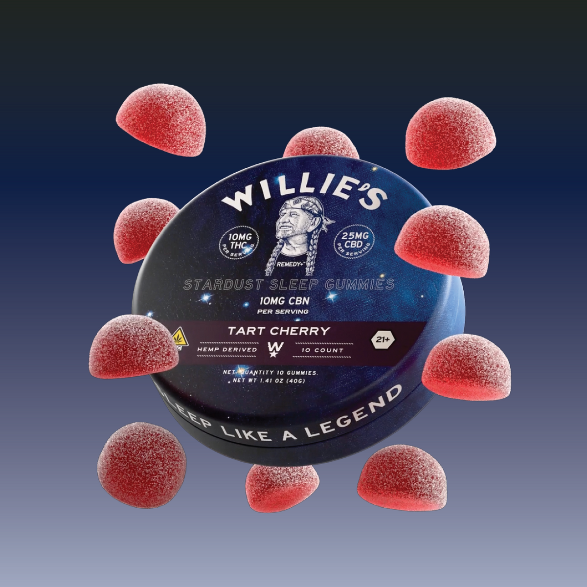 What are THC gummies: Willie's tart cherry THC gummies floating around an open tin