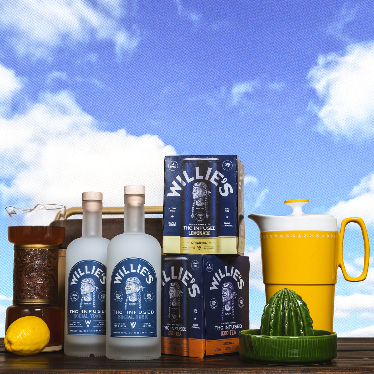 Non carbonated THC drinks from Willie's: Social Tonic bottles with Iced Tea and Lemonade four-packs