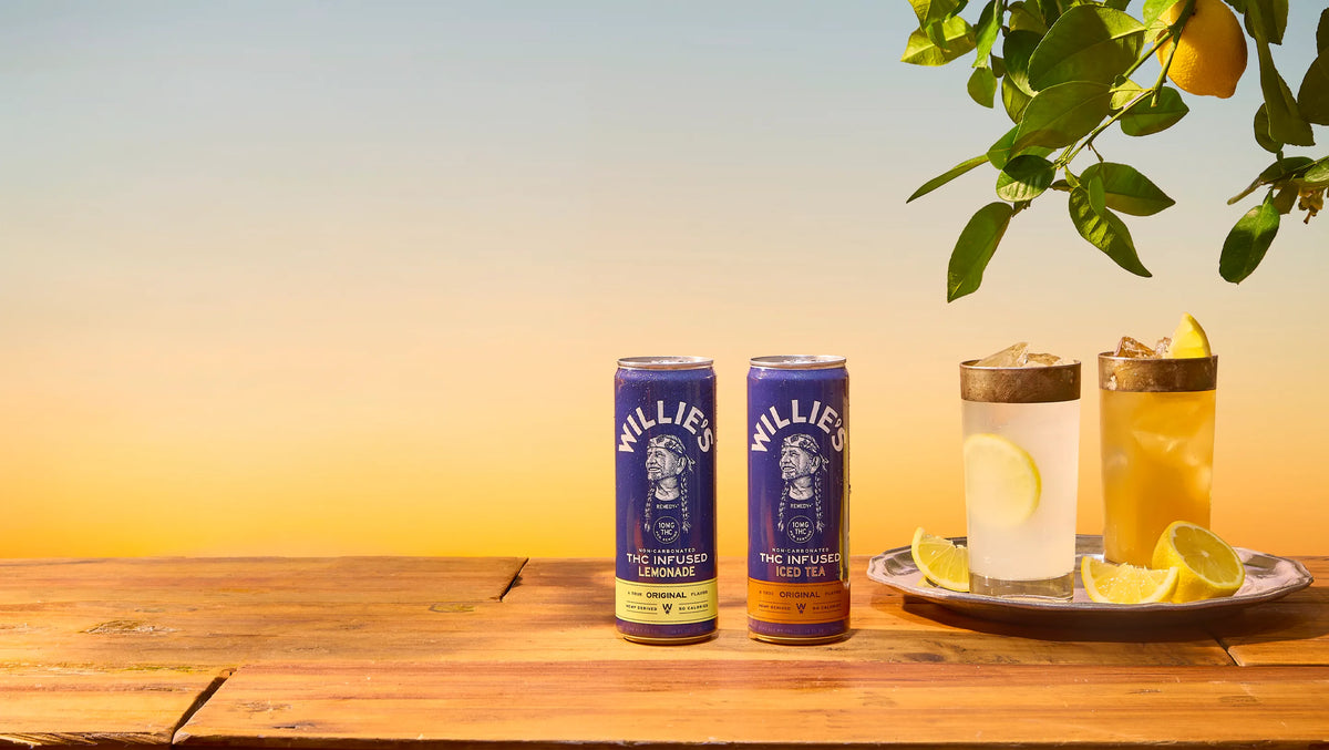 Arnold Palmer THC drink: Willie's THC Iced Tea and THC Lemonade cans beside two poured glasses